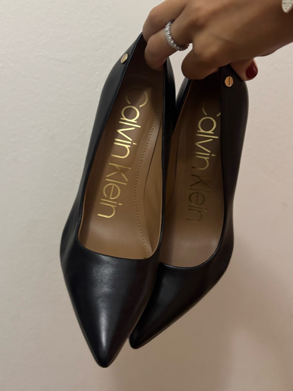 Calvin Klein Black Pointed Leather Pumps with Gold Logo